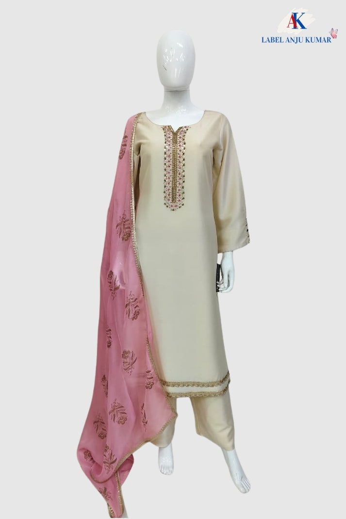 Light Beige Premium Crape Silk Straight Suit with Zardozi Work & Organza Dupatta