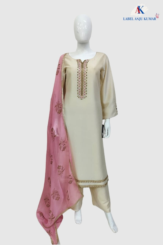 Light Beige Premium Crape Silk Straight Suit with Zardozi Work & Organza Dupatta