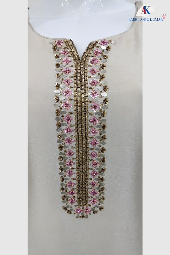 Light Beige Premium Crape Silk Straight Suit with Zardozi Work & Organza Dupatta