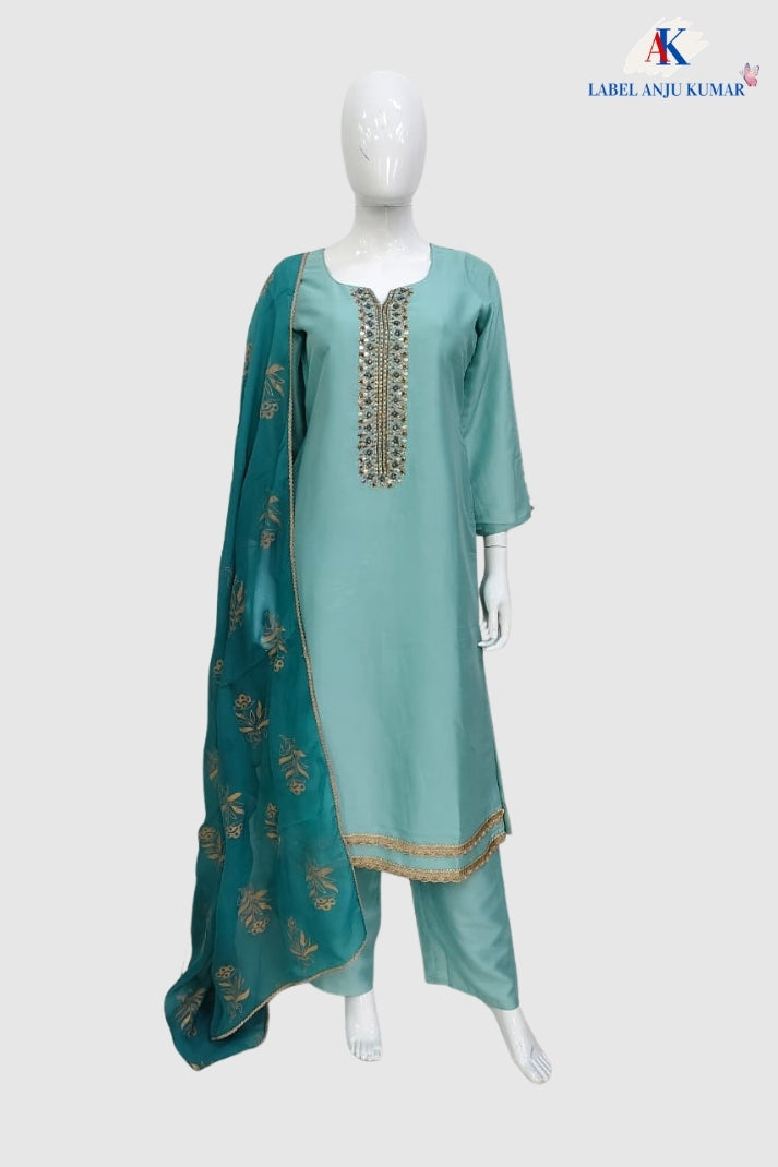 Sky Blue Premium Crape Silk Straight Suit with Zardozi Work & Organza Dupatta
