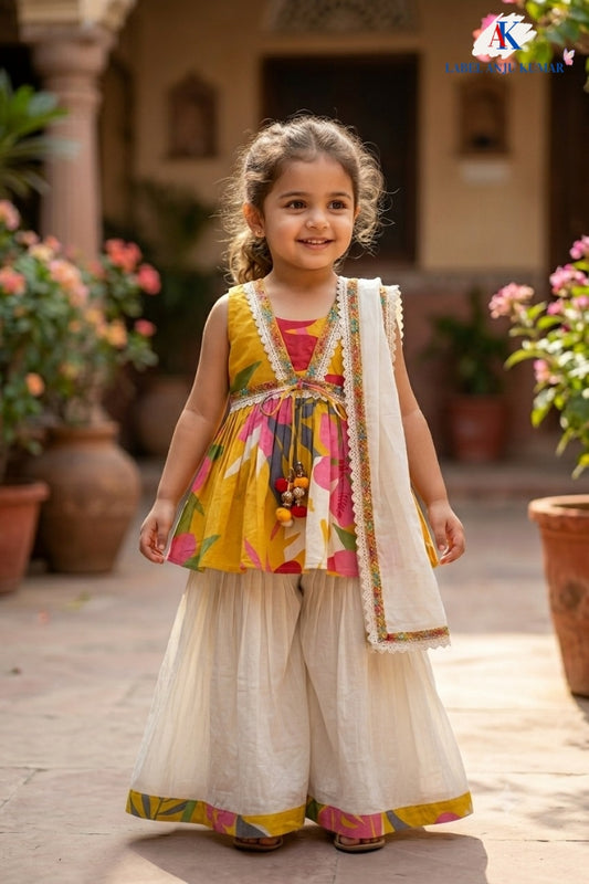 Off White Pure Cotton Sharara Set for Girls with Lace & Net Dupatta