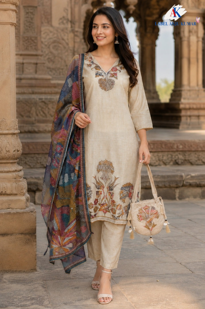 Light Beige Pure Cotton Jamdani Straight Suit with Printed Dupatta & Potli Purse