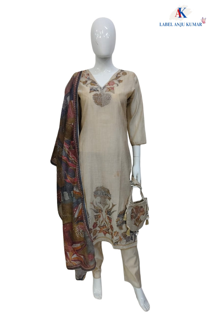 Light Beige Pure Cotton Jamdani Straight Suit with Printed Dupatta & Potli Purse