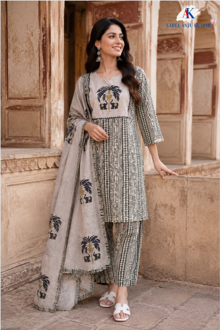 Blue Kantha Work Cotton Suit Set with Kota Doriya Dupatta