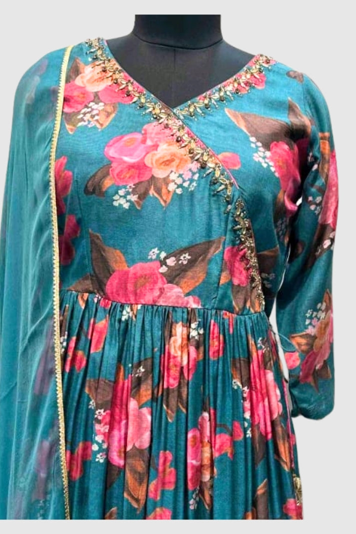 Blue Muslin Angrakha Style Pathani Salwar Suit with Dupatta – Semi Formal Women’s Ethnic Wear