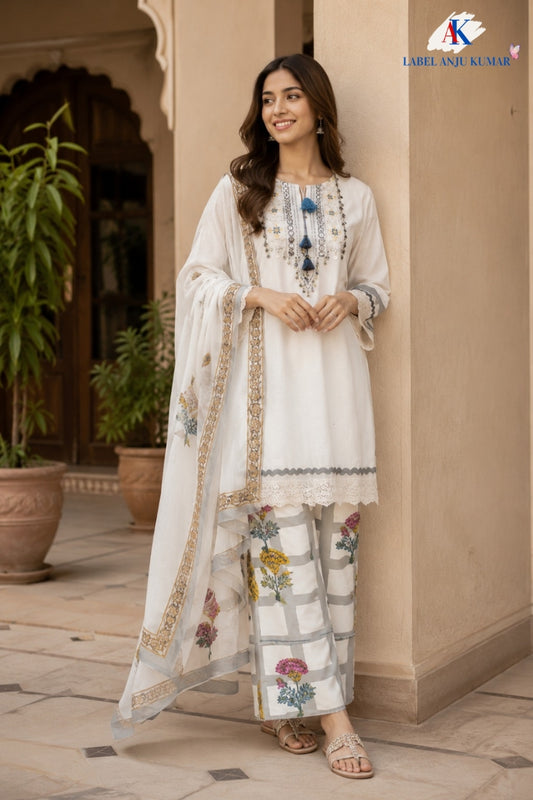 Grey Malmal Cotton Co-ord Set with Thread Embroidery