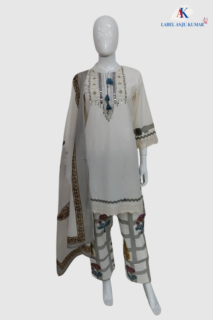 Grey Malmal Cotton Co-ord Set with Thread Embroidery
