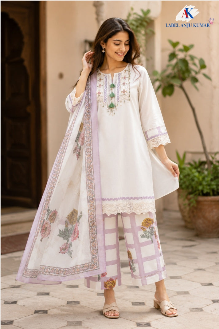 Lilac Malmal Cotton Co-ord Set with Printed Dupatta