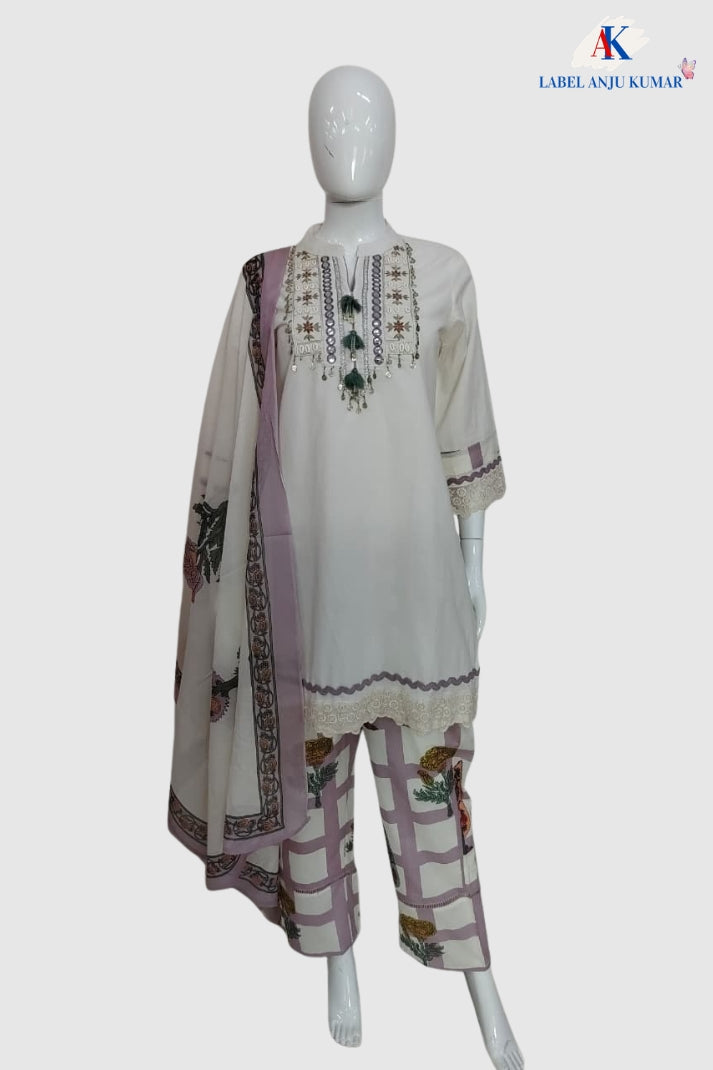 Lilac Malmal Cotton Co-ord Set with Printed Dupatta