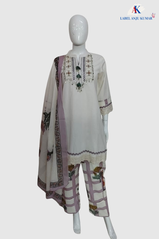 Lilac Malmal Cotton Co-ord Set with Printed Dupatta