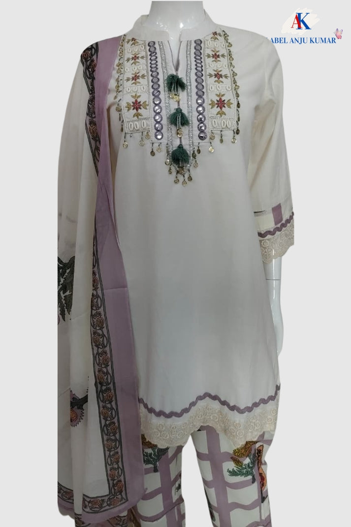 Lilac Malmal Cotton Co-ord Set with Printed Dupatta