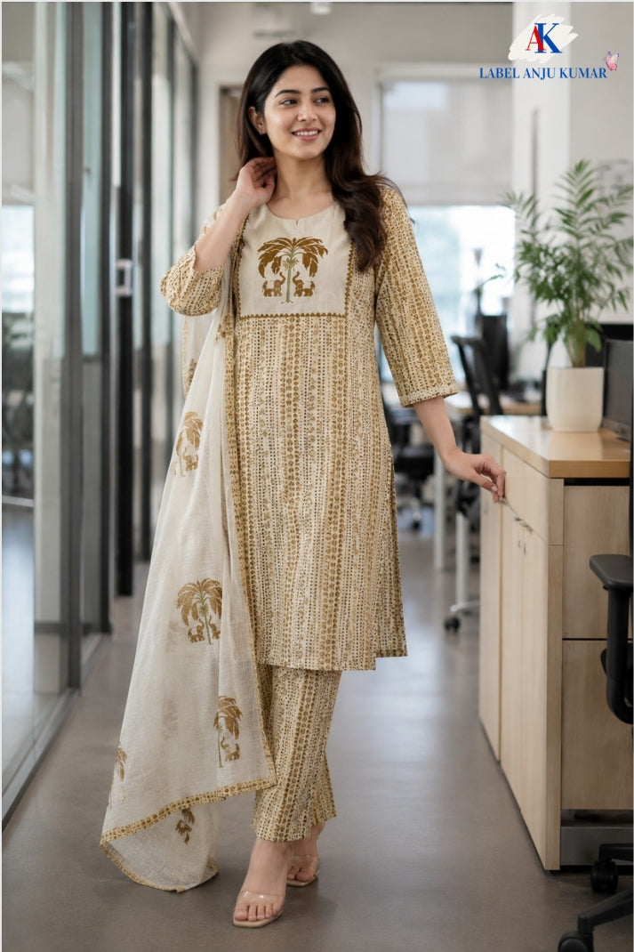 Mustard Kantha Work Cotton Straight Suit Dupatta Set
