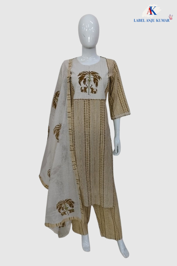Mustard Kantha Work Cotton Straight Suit Dupatta Set