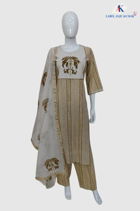 Mustard Kantha Work Cotton Straight Suit Dupatta Set