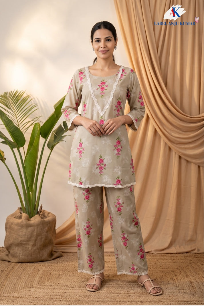 Beige Pure Cotton Co-ord Set with Lace Work