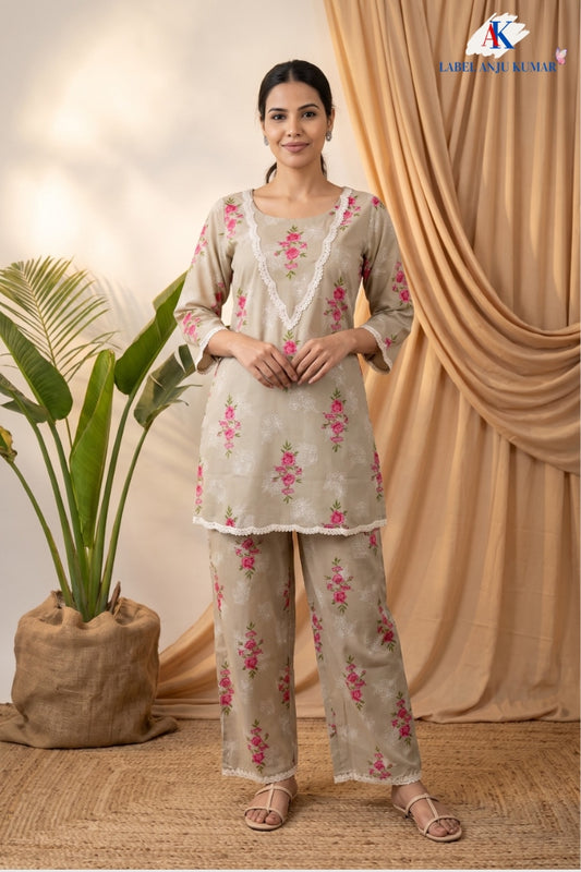 Beige Pure Cotton Co-ord Set with Lace Work