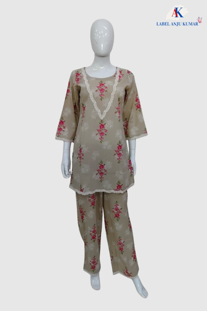 Beige Pure Cotton Co-ord Set with Lace Work