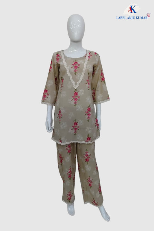Beige Pure Cotton Co-ord Set with Lace Work