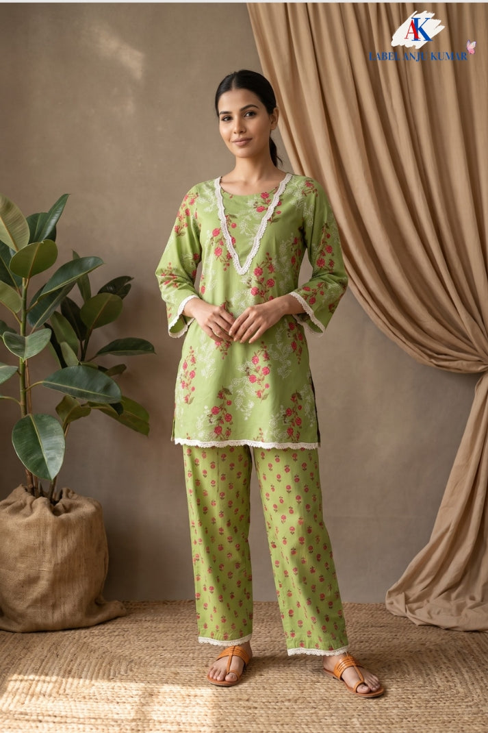 Pista Green Pure Cotton Co-ord Set for Women