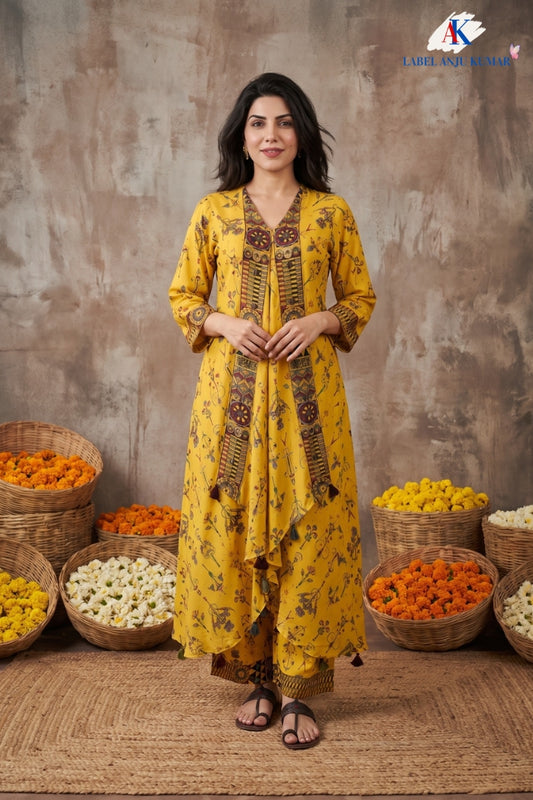 Yellow Pure Crepe Viral Indo-Western Co-ord Set