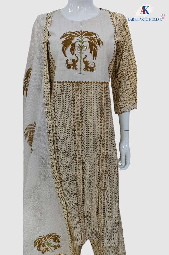 Mustard Kantha Work Cotton Straight Suit Dupatta Set