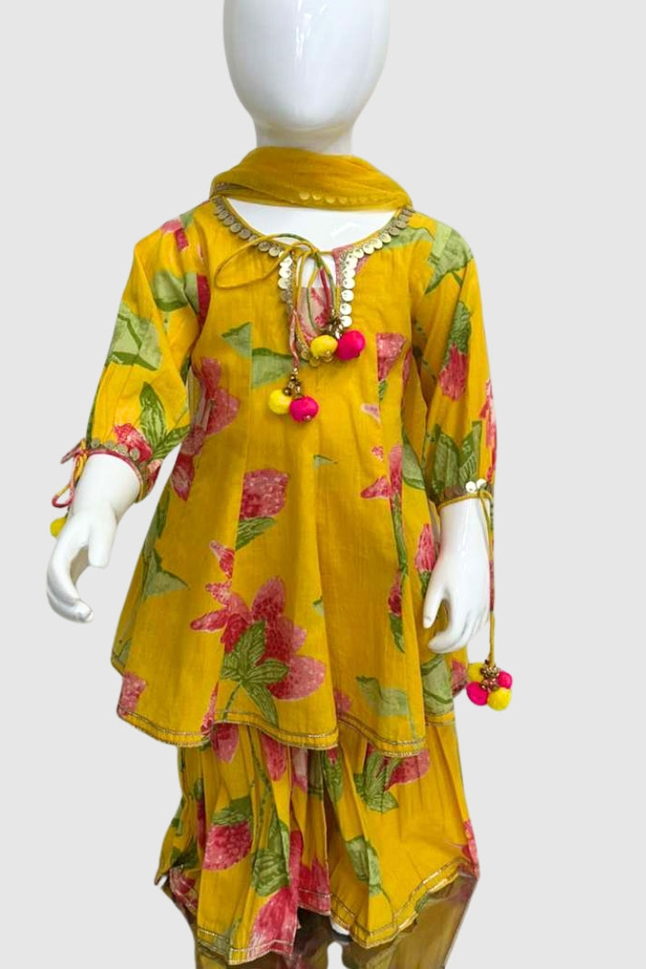 Yellow Pure Cotton Kids Anarkali + Sharara Set with Net Dupatta | Label Anju Kumar Kids