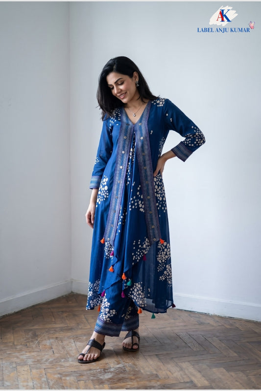 Royal Blue Pure Crepe Indo-Western Printed Co-ord Set