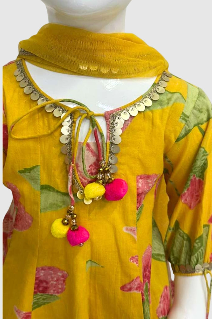 Yellow Pure Cotton Kids Anarkali + Sharara Set with Net Dupatta | Label Anju Kumar Kids