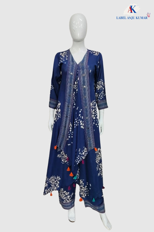 Royal Blue Pure Crepe Indo-Western Printed Co-ord Set