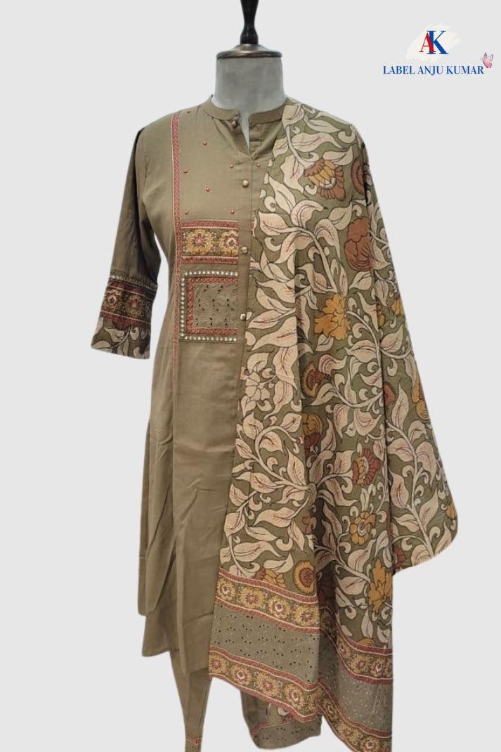 Mouse (Grey-Taupe) Khadi Cotton A-Line Suit Dupatta Set with Patchwork & Pockets | Label Anju Kumar