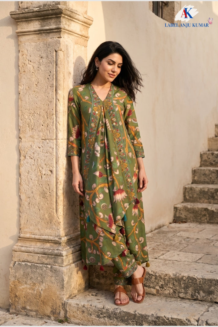 Mehendi Green Pure Crepe Printed Indo-Western Co-ord Set
