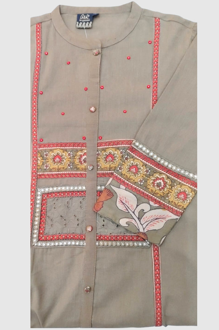 Mouse (Grey-Taupe) Khadi Cotton A-Line Suit Dupatta Set with Patchwork & Pockets | Label Anju Kumar