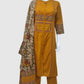 Mustard Khadi Cotton A-Line Suit Dupatta Set with Patchwork & Pockets | Label Anju Kumar