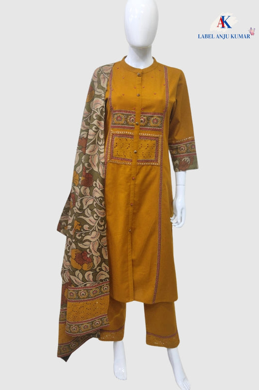 Mustard Khadi Cotton A-Line Suit Dupatta Set with Patchwork & Pockets | Label Anju Kumar