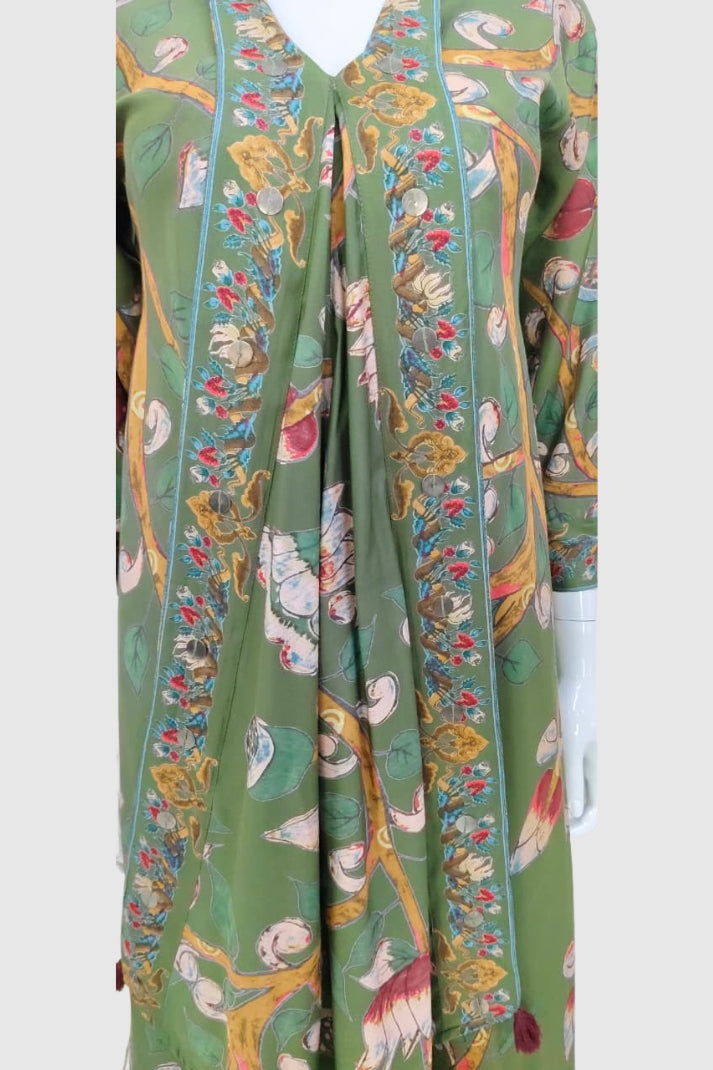 Mehendi Green Pure Crepe Printed Indo-Western Co-ord Set
