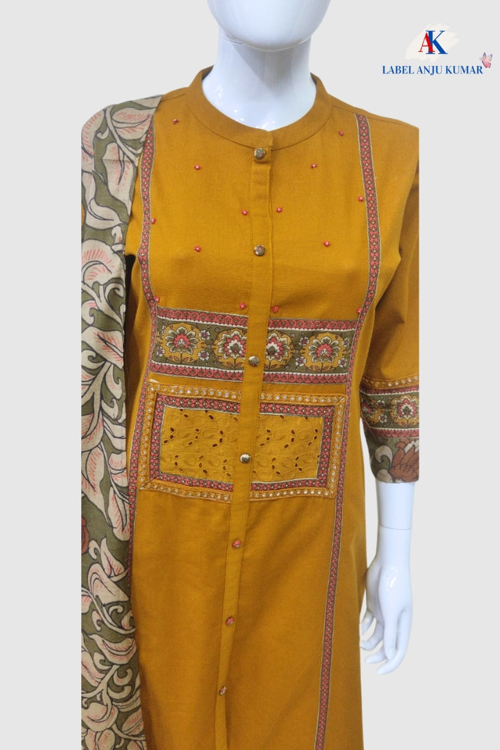 Mustard Khadi Cotton A-Line Suit Dupatta Set with Patchwork & Pockets | Label Anju Kumar