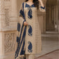 Blue Pure Cotton A-Line Suit Dupatta Set with Traditional Print