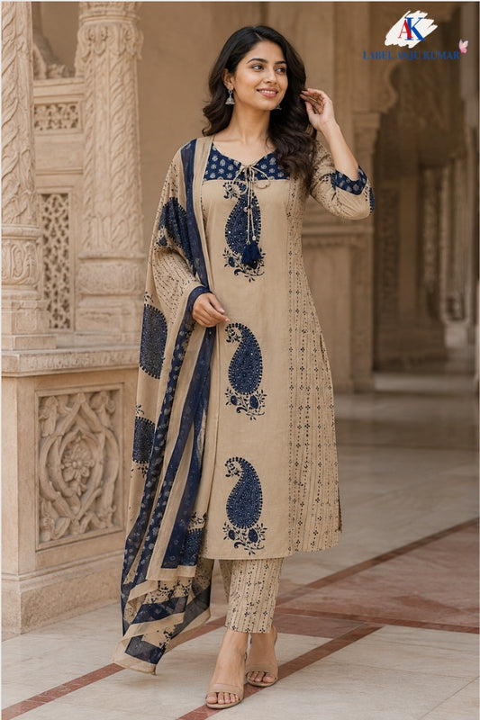 Blue Pure Cotton A-Line Suit Dupatta Set with Traditional Print