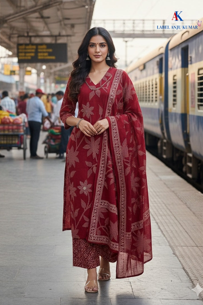 Red Cotton Printed Straight Suit Dupatta Set with Embroidery Highlight on Neck Yolk | Label Anju Kumar