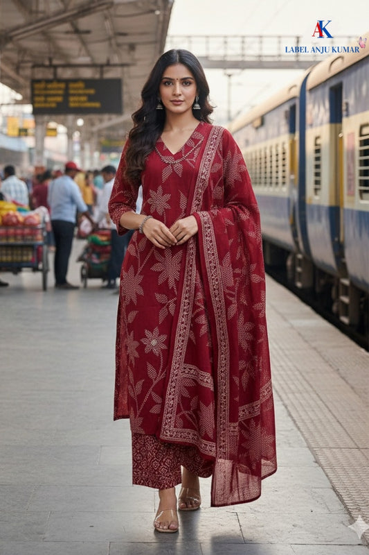 Red Cotton Printed Straight Suit Dupatta Set with Embroidery Highlight on Neck Yolk | Label Anju Kumar