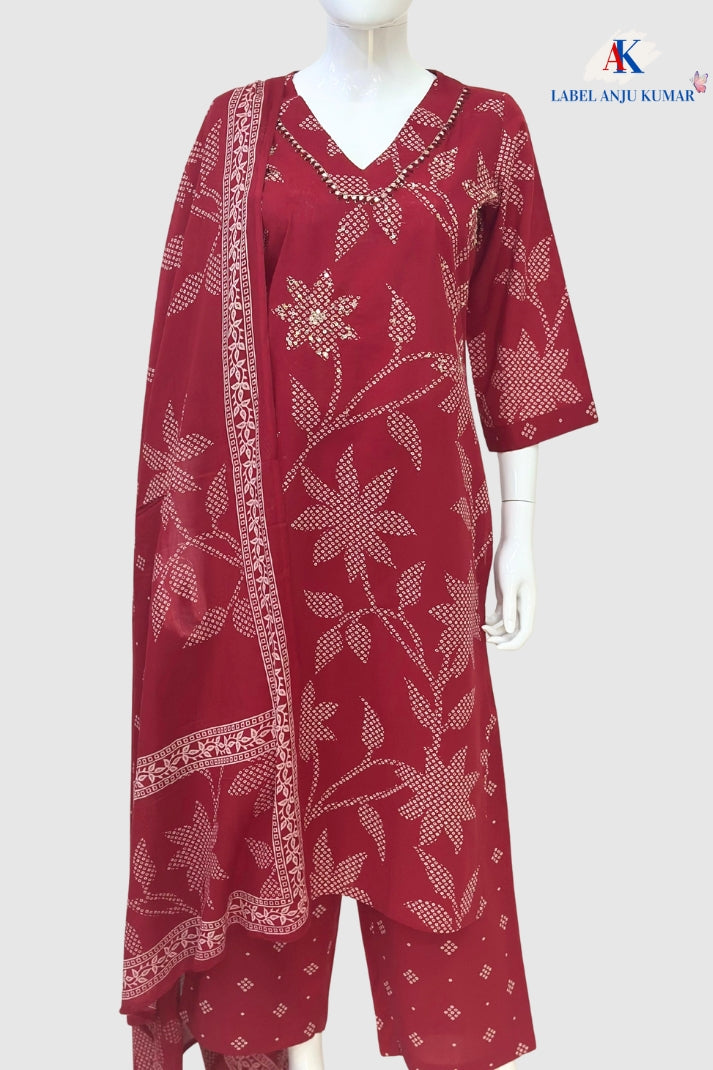 Red Cotton Printed Straight Suit Dupatta Set with Embroidery Highlight on Neck Yolk | Label Anju Kumar