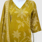 Mustard Cotton Printed Straight Suit Dupatta Set with Embroidery Highlight on Neck Yolk | Label Anju Kumar