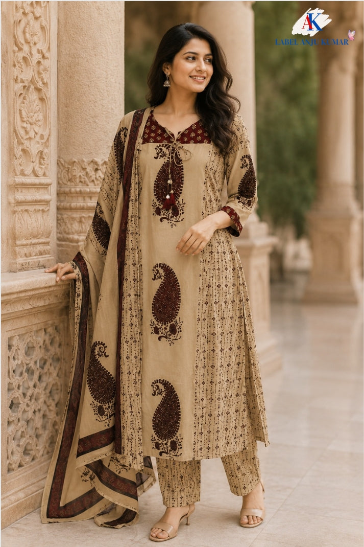 Mehroon Pure Cotton A-Line Suit Dupatta Set for Women