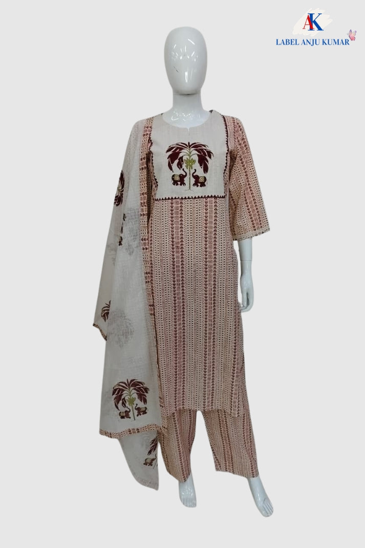 Mehroon Kantha Work Straight Suit Dupatta Set for Women