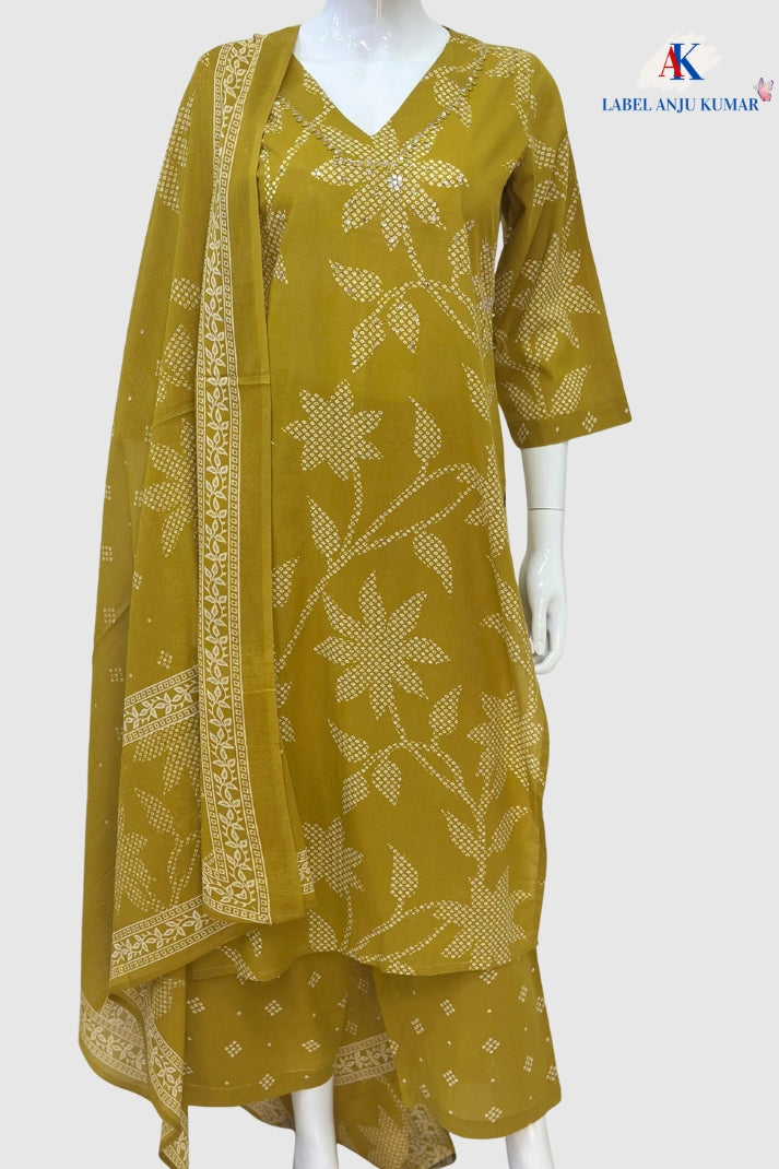 Mustard Cotton Printed Straight Suit Dupatta Set with Embroidery Highlight on Neck Yolk | Label Anju Kumar