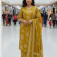 Mustard Cotton Printed Straight Suit Dupatta Set with Embroidery Highlight on Neck Yolk | Label Anju Kumar