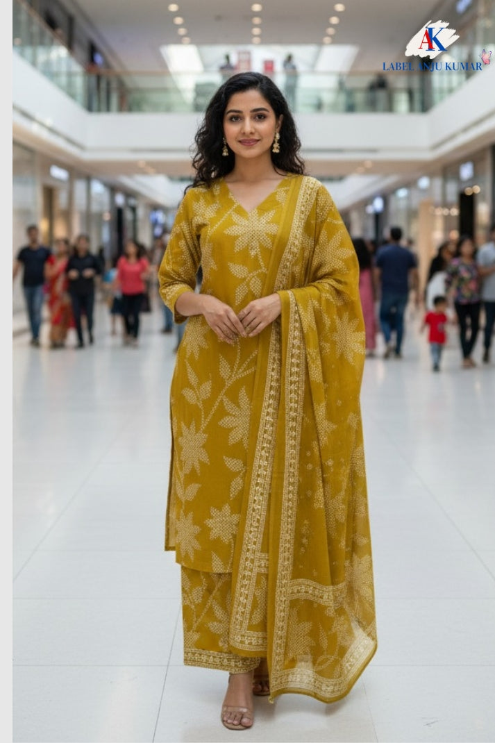 Mustard Cotton Printed Straight Suit Dupatta Set with Embroidery Highlight on Neck Yolk | Label Anju Kumar