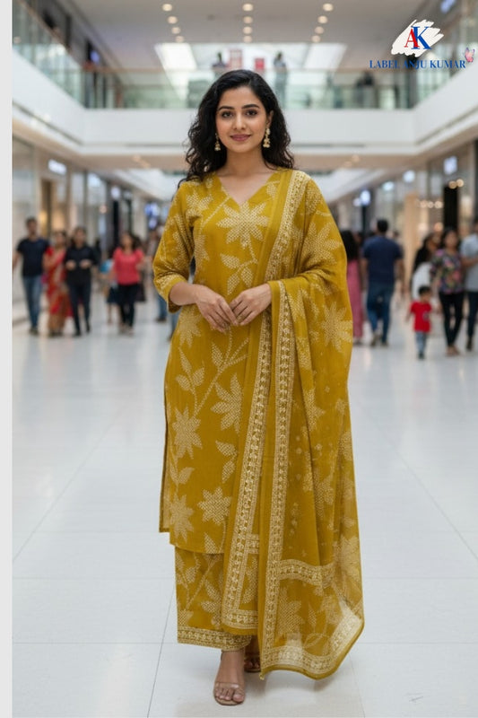 Mustard Cotton Printed Straight Suit Dupatta Set with Embroidery Highlight on Neck Yolk | Label Anju Kumar