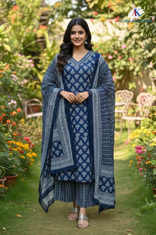 Blue Cotton Printed Straight Suit Dupatta Set – V-Neckline with Embroidery Highlight | Label Anju Kumar