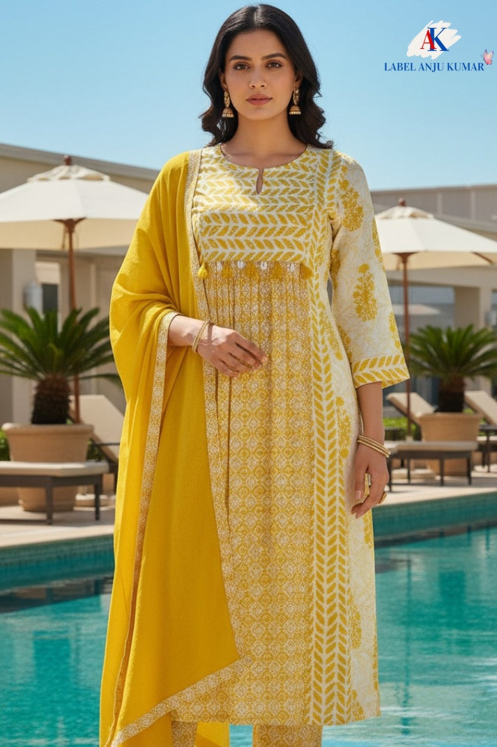 Yellow Cotton Printed Suit Dupatta Set with Embroidered Neck & Malmal Dupatta – Label Anju Kumar
